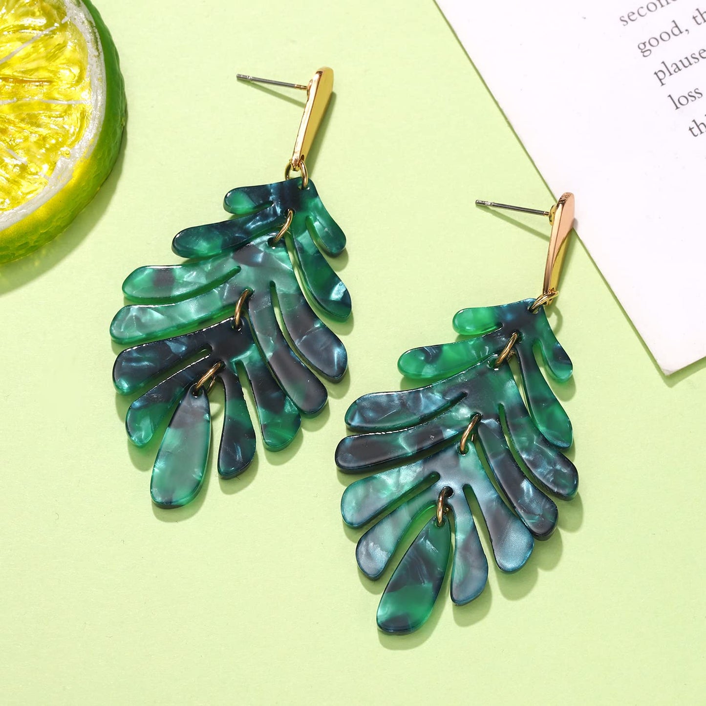 ARATLENCH Acrylic Pendant necklace Earrings – Long Statement Leaf Charm Necklace Tortoise Resin Palm Leaf Earrings Fashion Necklaces Earrings for Women Girls