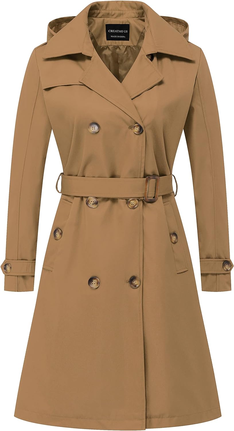 CREATMO US Women's Long Trench Coat Double-Breasted Classic Lapel Overcoat Belted Slim Outerwear Coat with Detachable Hood