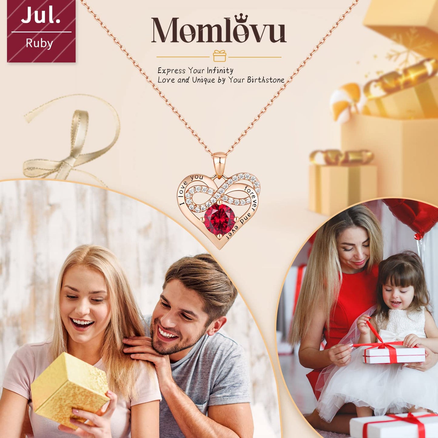 Momlovu Birthstone Necklaces for Women - Infinity Heart necklaces 925 Sterling Silver with 2 Carat (8MM) CZ Diamond, Mothers Day Christmas Birthday Wedding Jewelry Gifts for Women Wife Girls Her