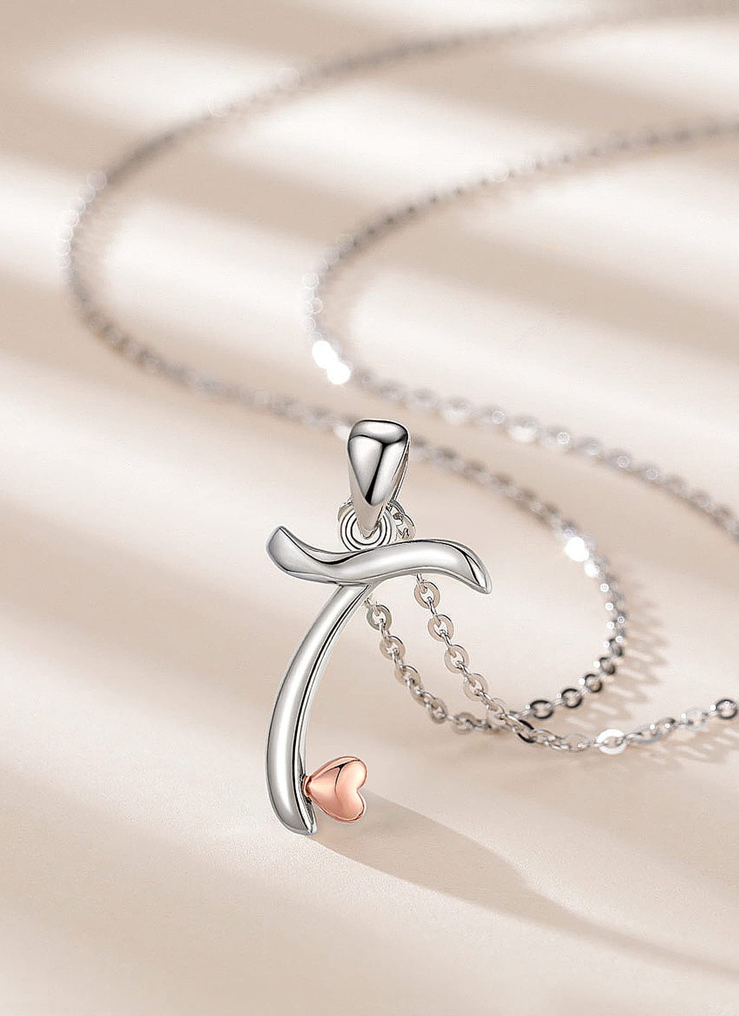 CELESTIA Sterling Silver Initial Necklaces 26 Letter Pendant with Rose Gold Heart - 18 Inch Chain