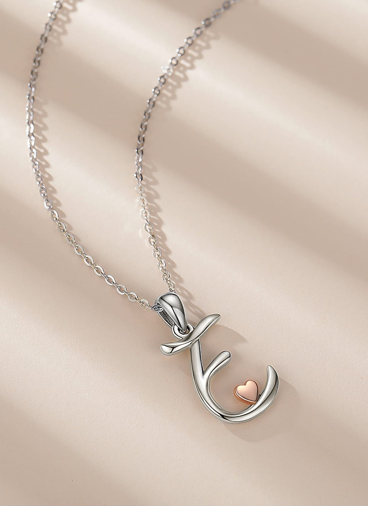 CELESTIA Sterling Silver Initial Necklaces 26 Letter Pendant with Rose Gold Heart - 18 Inch Chain