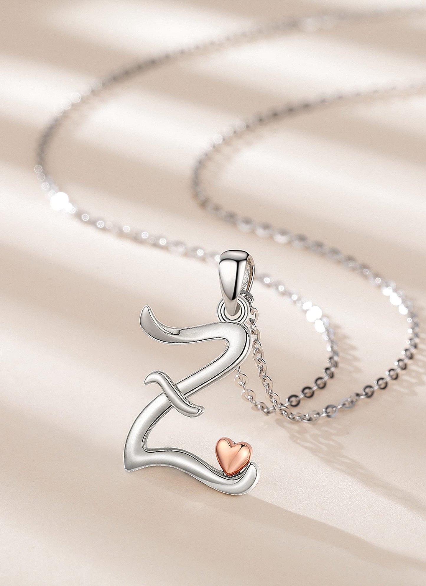 CELESTIA Sterling Silver Initial Necklaces 26 Letter Pendant with Rose Gold Heart - 18 Inch Chain