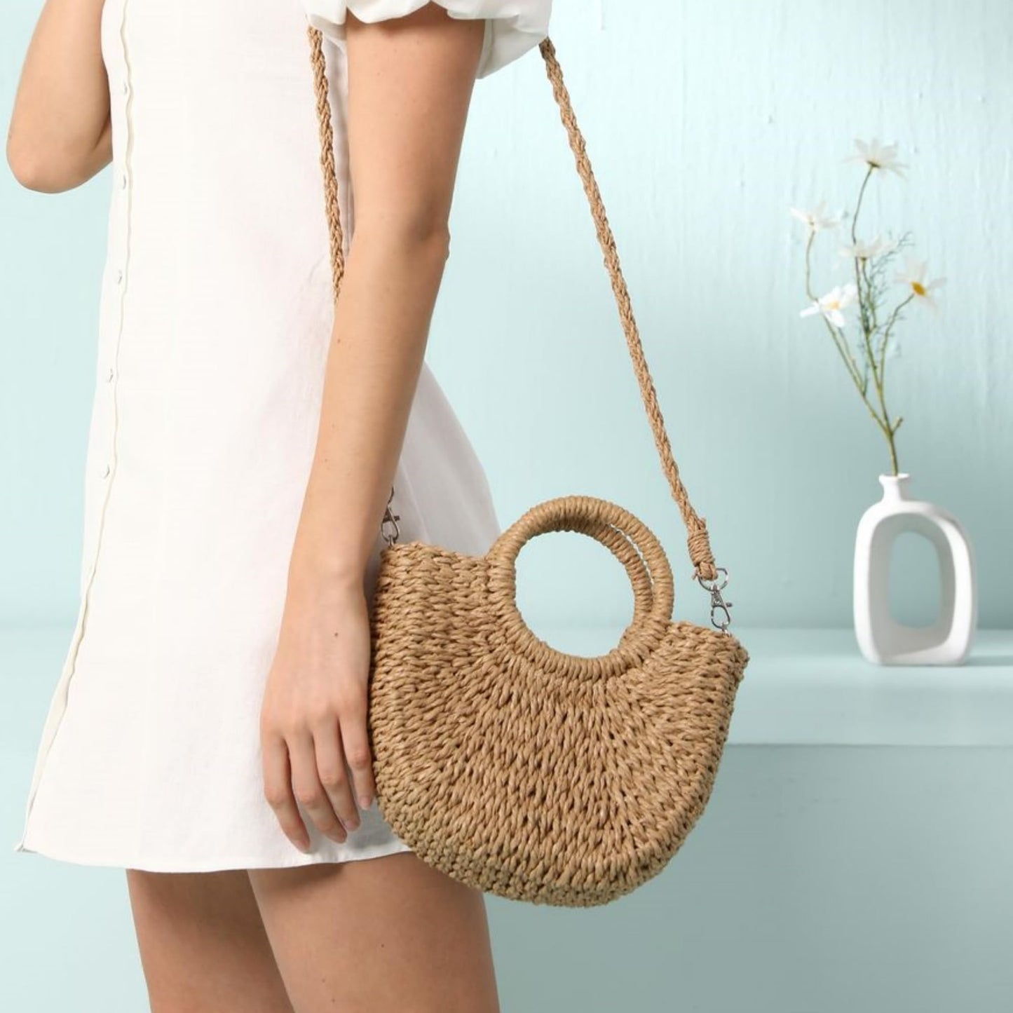 JOLLQUE Straw Beach Bag for Women, Summer Handwoven Tote Bags Purse with Tassel,Top Handle Straw Handbag Clutch