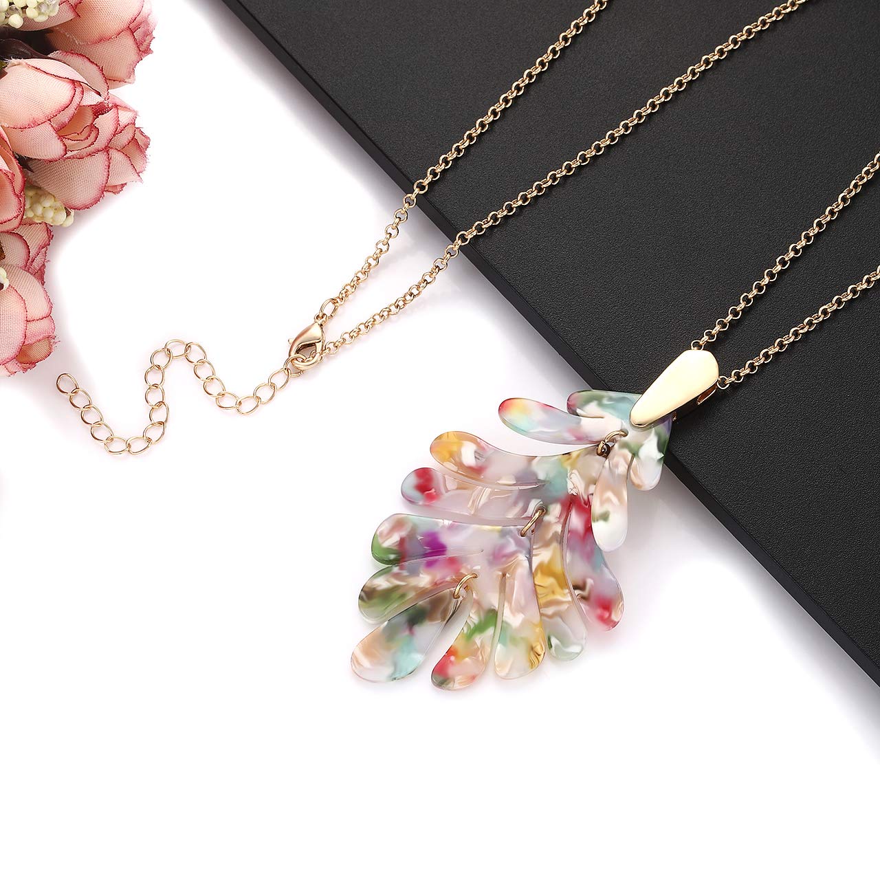 ARATLENCH Acrylic Pendant necklace Earrings – Long Statement Leaf Charm Necklace Tortoise Resin Palm Leaf Earrings Fashion Necklaces Earrings for Women Girls