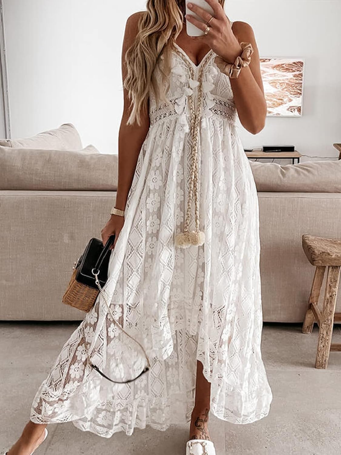 CUPSHE Women's Summer Slip Boho Maxi Dress Lace Up Tassel V-Neck Flare Ruffle Beach Dresses White