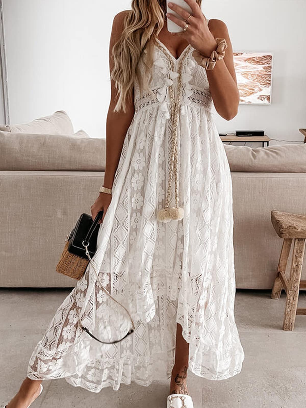 CUPSHE Women's Summer Slip Boho Maxi Dress Lace Up Tassel V-Neck Flare Ruffle Beach Dresses White