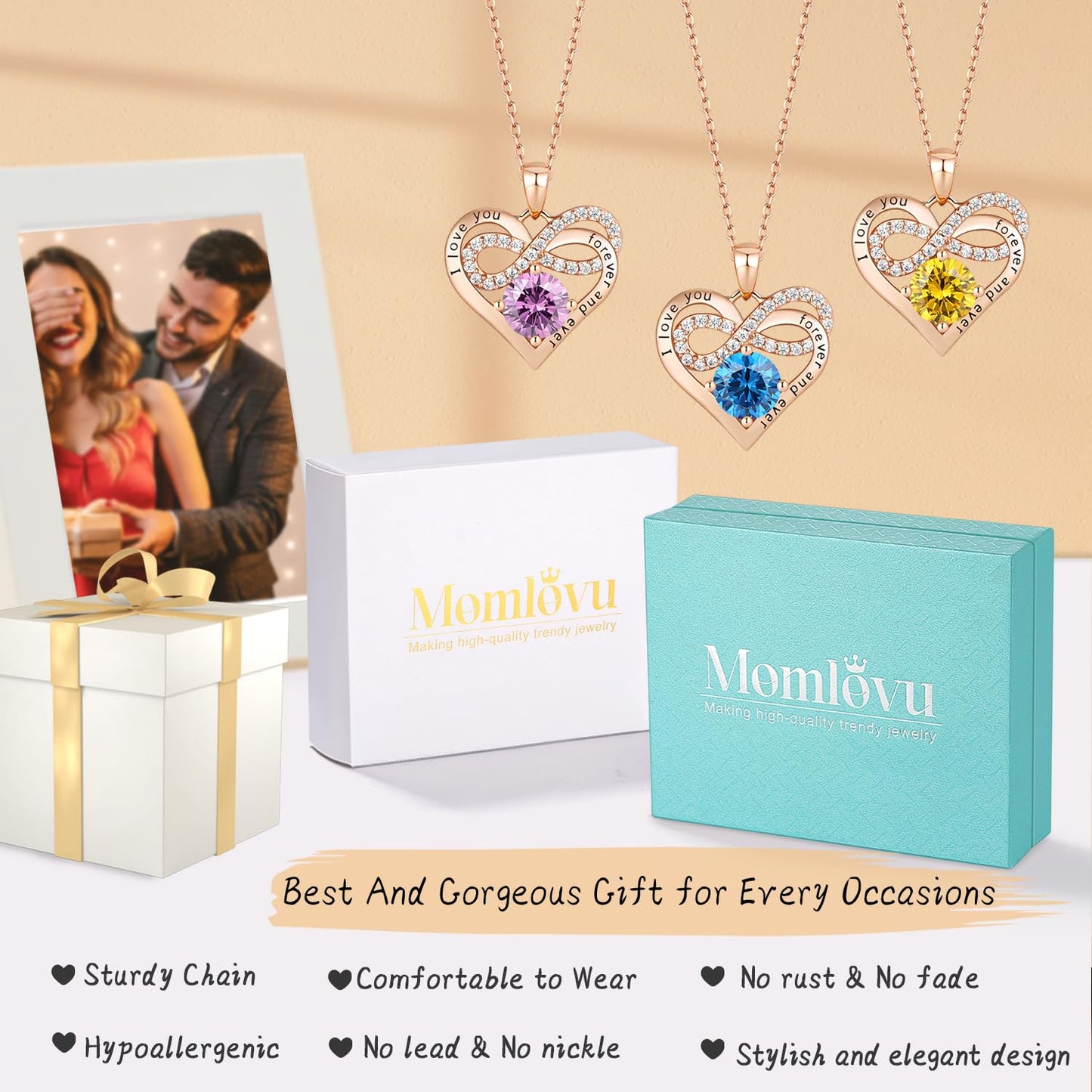 Momlovu Birthstone Necklaces for Women - Infinity Heart necklaces 925 Sterling Silver with 2 Carat (8MM) CZ Diamond, Mothers Day Christmas Birthday Wedding Jewelry Gifts for Women Wife Girls Her