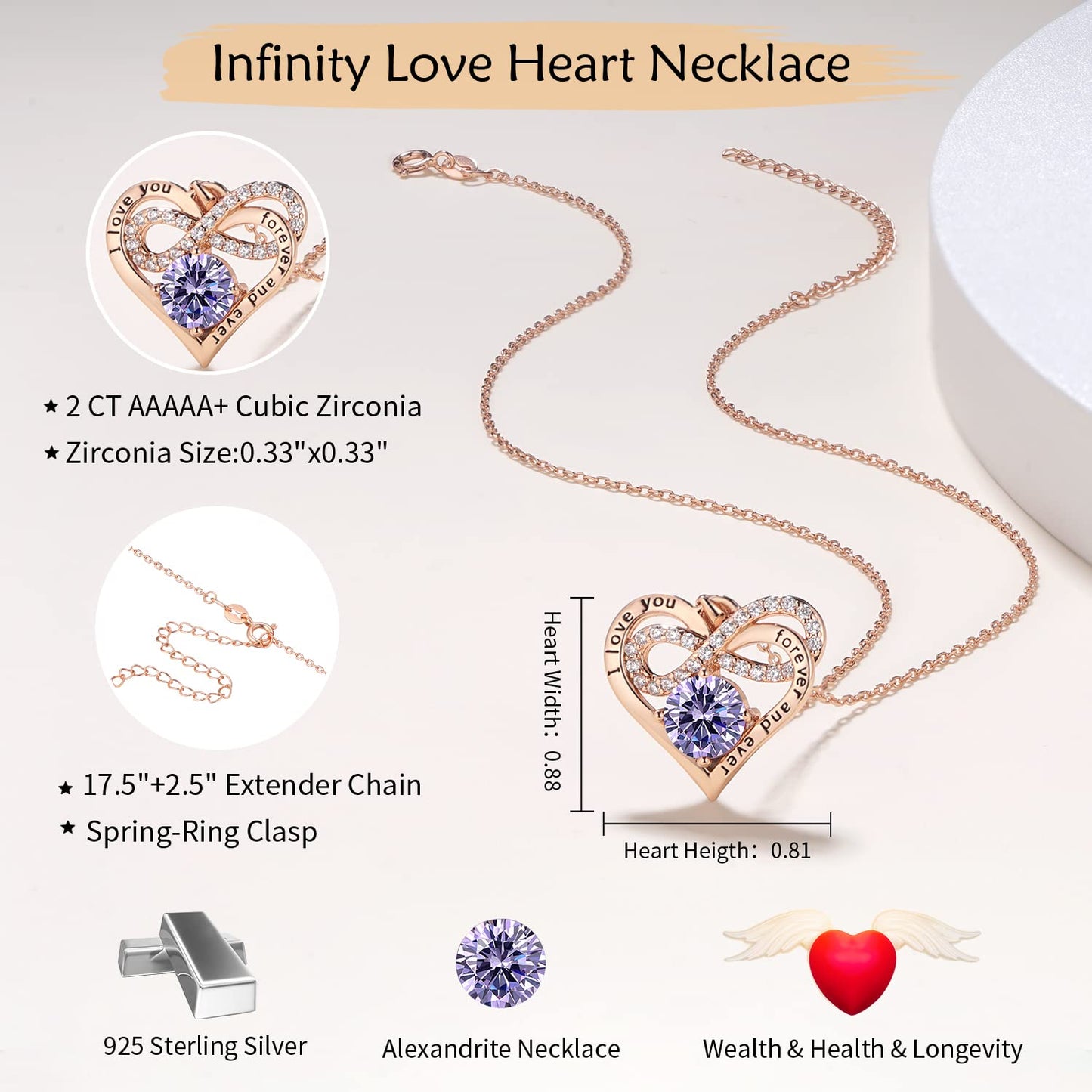 Momlovu Birthstone Necklaces for Women - Infinity Heart necklaces 925 Sterling Silver with 2 Carat (8MM) CZ Diamond, Mothers Day Christmas Birthday Wedding Jewelry Gifts for Women Wife Girls Her