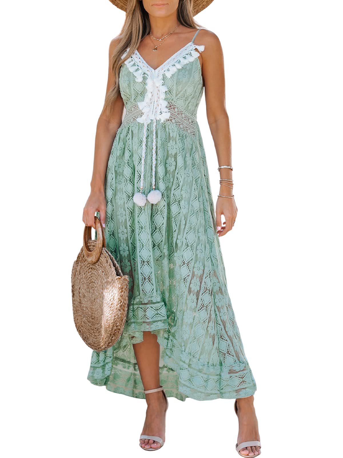 CUPSHE Women's Summer Slip Boho Maxi Dress Lace Up Tassel V-Neck Flare Ruffle Beach Dresses White