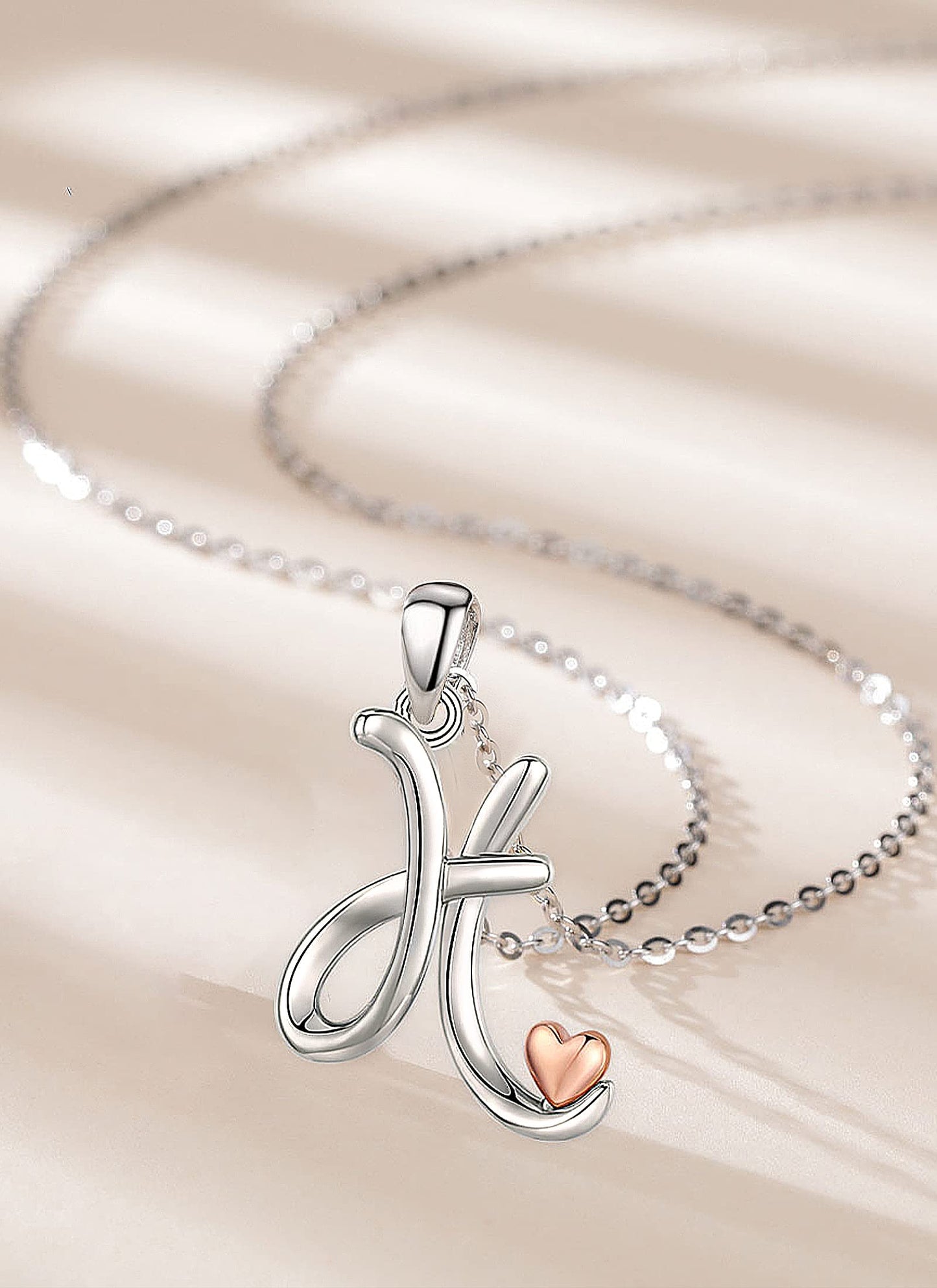 CELESTIA Sterling Silver Initial Necklaces 26 Letter Pendant with Rose Gold Heart - 18 Inch Chain