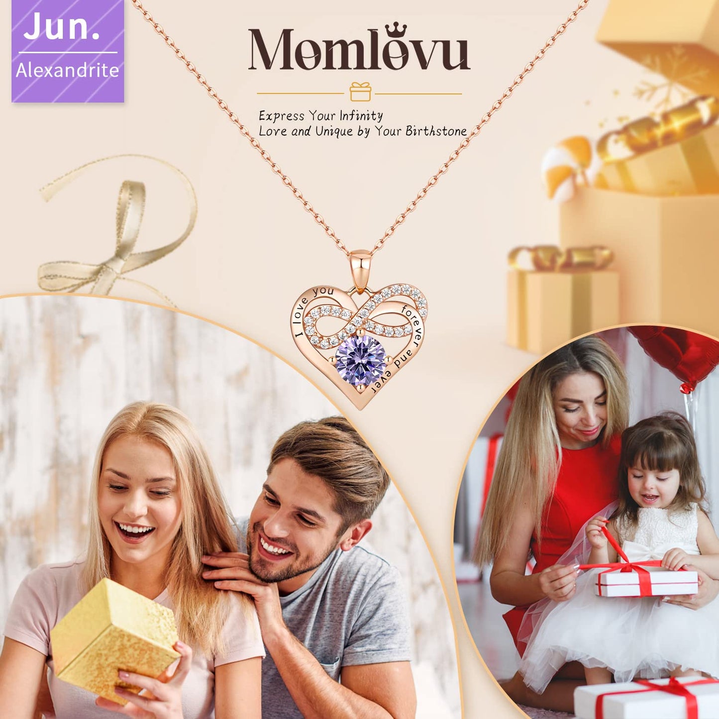 Momlovu Birthstone Necklaces for Women - Infinity Heart necklaces 925 Sterling Silver with 2 Carat (8MM) CZ Diamond, Mothers Day Christmas Birthday Wedding Jewelry Gifts for Women Wife Girls Her