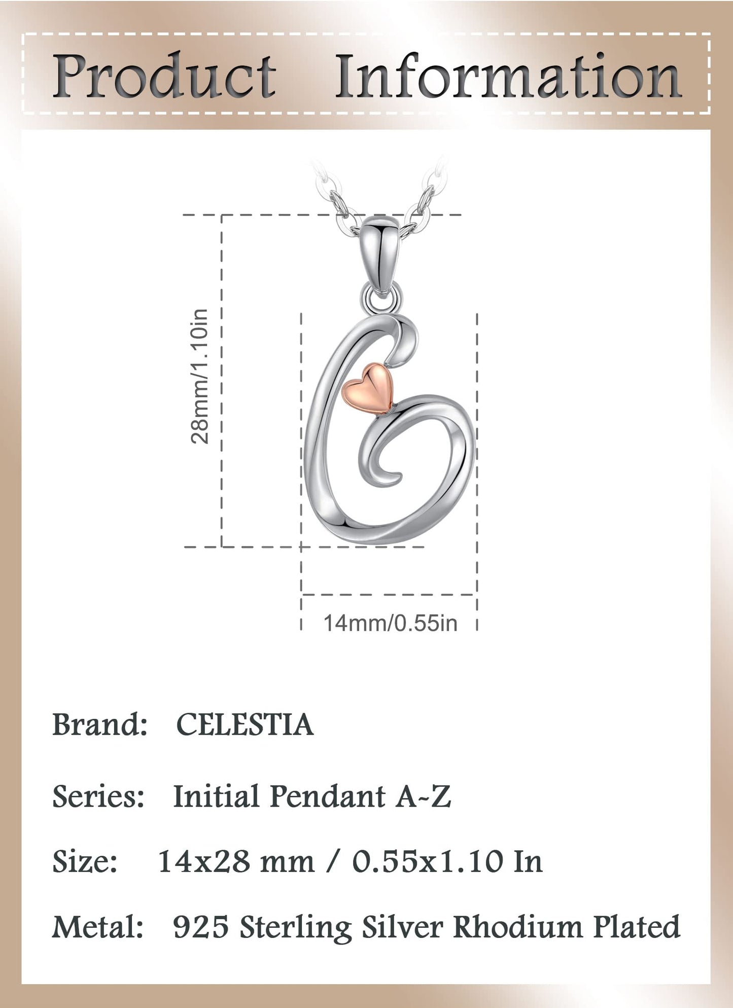 CELESTIA Sterling Silver Initial Necklaces 26 Letter Pendant with Rose Gold Heart - 18 Inch Chain