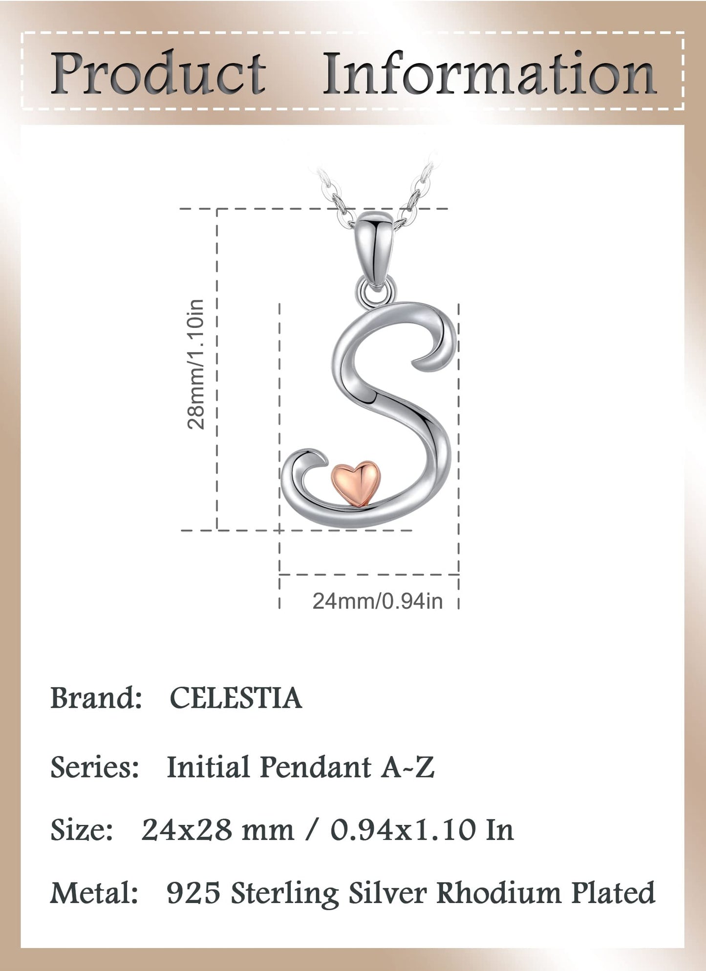 CELESTIA Sterling Silver Initial Necklaces 26 Letter Pendant with Rose Gold Heart - 18 Inch Chain