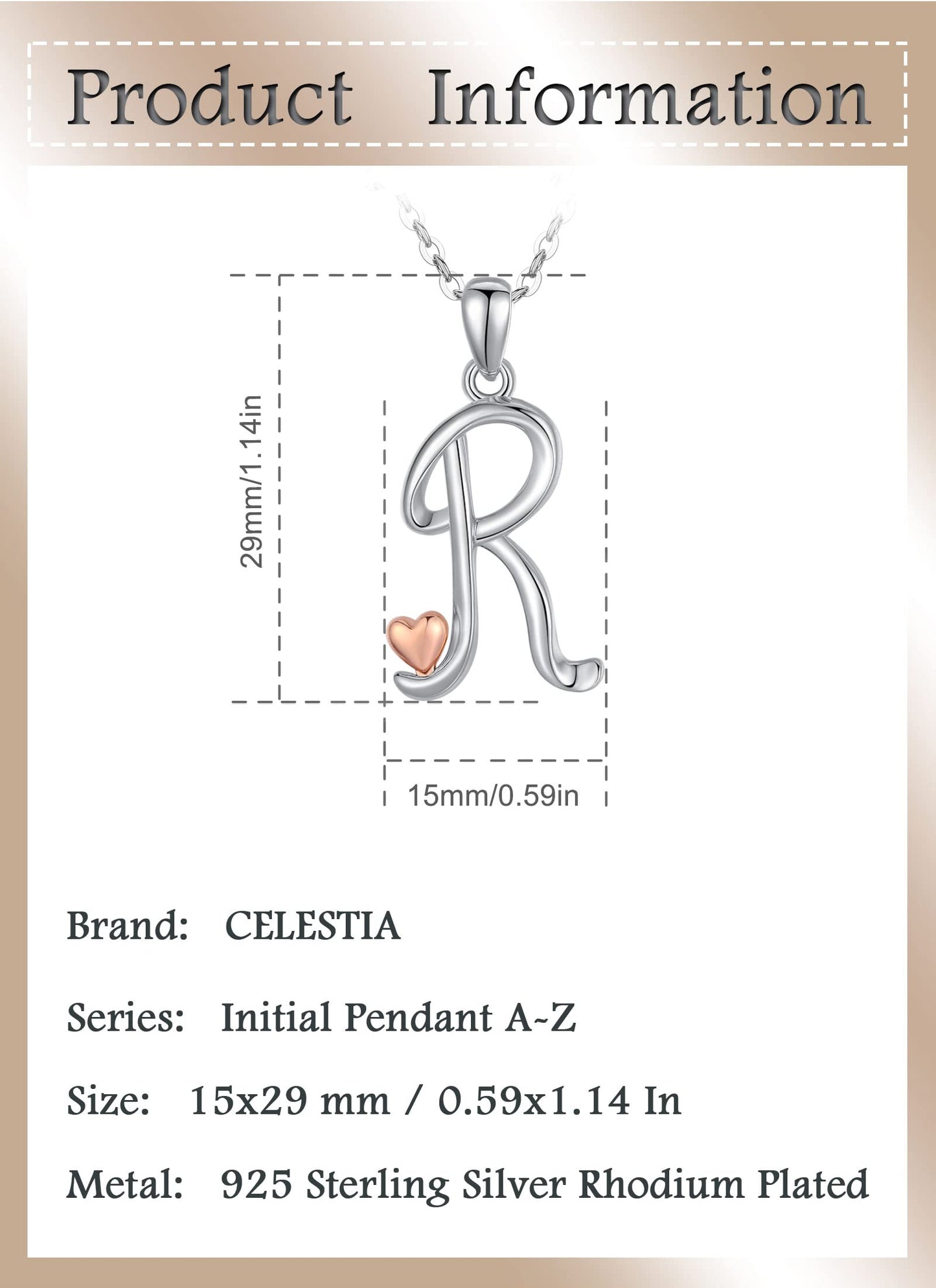 CELESTIA Sterling Silver Initial Necklaces 26 Letter Pendant with Rose Gold Heart - 18 Inch Chain