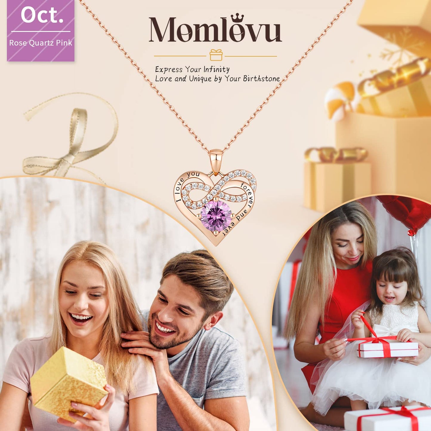 Momlovu Birthstone Necklaces for Women - Infinity Heart necklaces 925 Sterling Silver with 2 Carat (8MM) CZ Diamond, Mothers Day Christmas Birthday Wedding Jewelry Gifts for Women Wife Girls Her