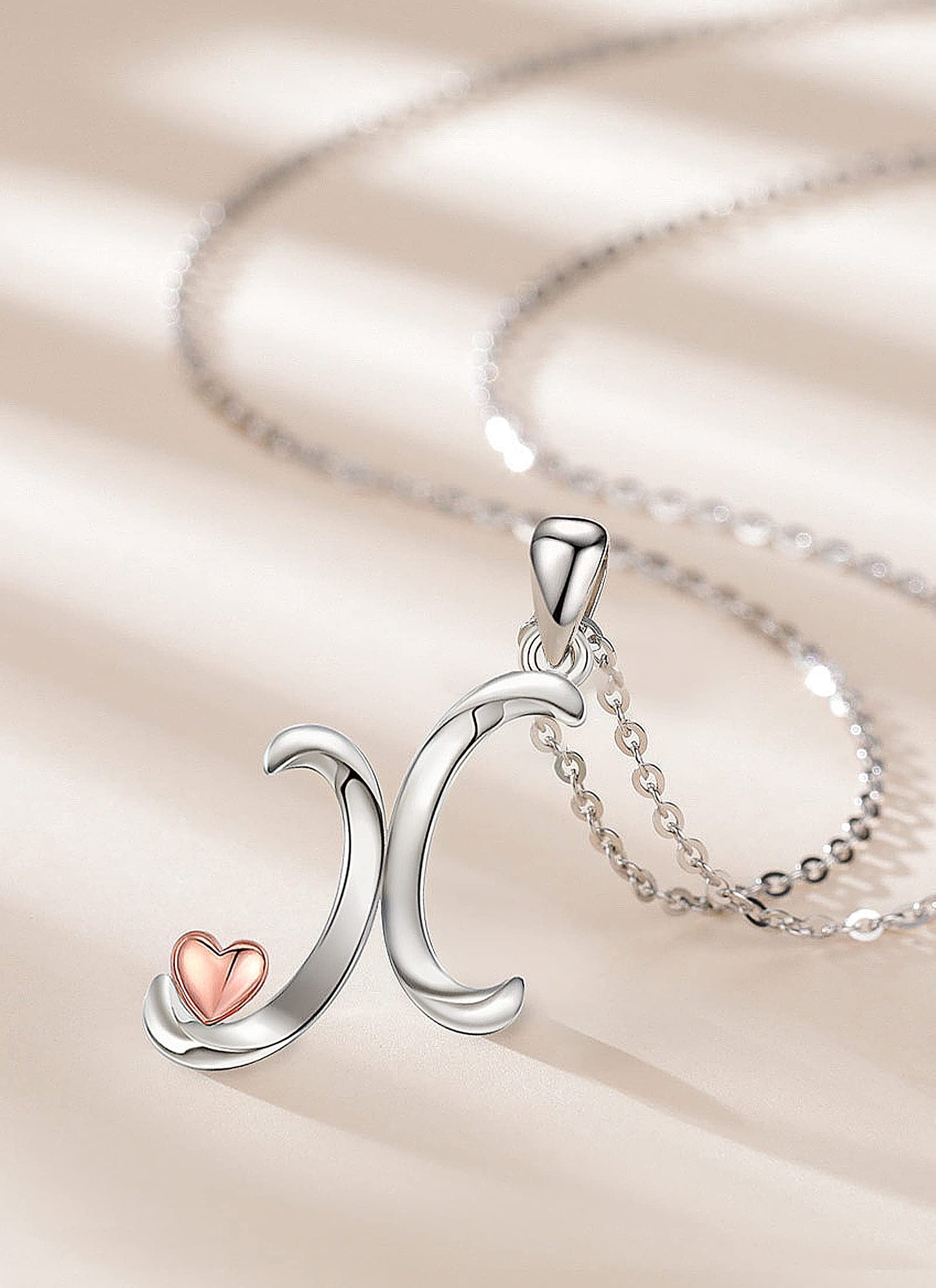 CELESTIA Sterling Silver Initial Necklaces 26 Letter Pendant with Rose Gold Heart - 18 Inch Chain