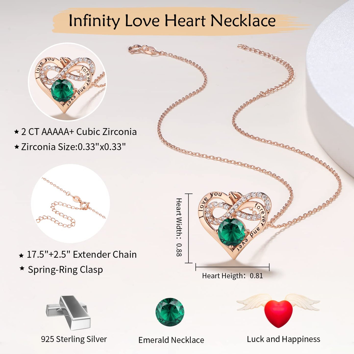 Momlovu Birthstone Necklaces for Women - Infinity Heart necklaces 925 Sterling Silver with 2 Carat (8MM) CZ Diamond, Mothers Day Christmas Birthday Wedding Jewelry Gifts for Women Wife Girls Her