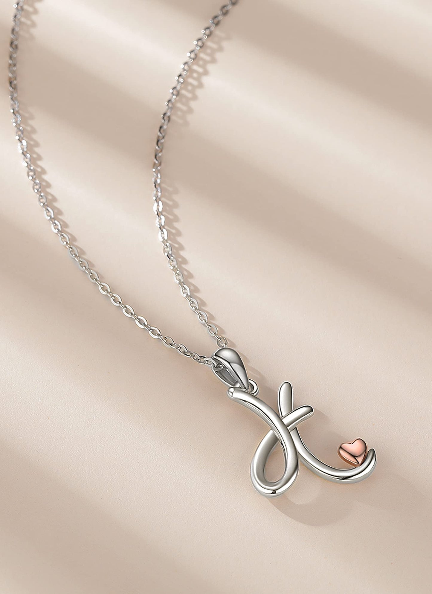 CELESTIA Sterling Silver Initial Necklaces 26 Letter Pendant with Rose Gold Heart - 18 Inch Chain