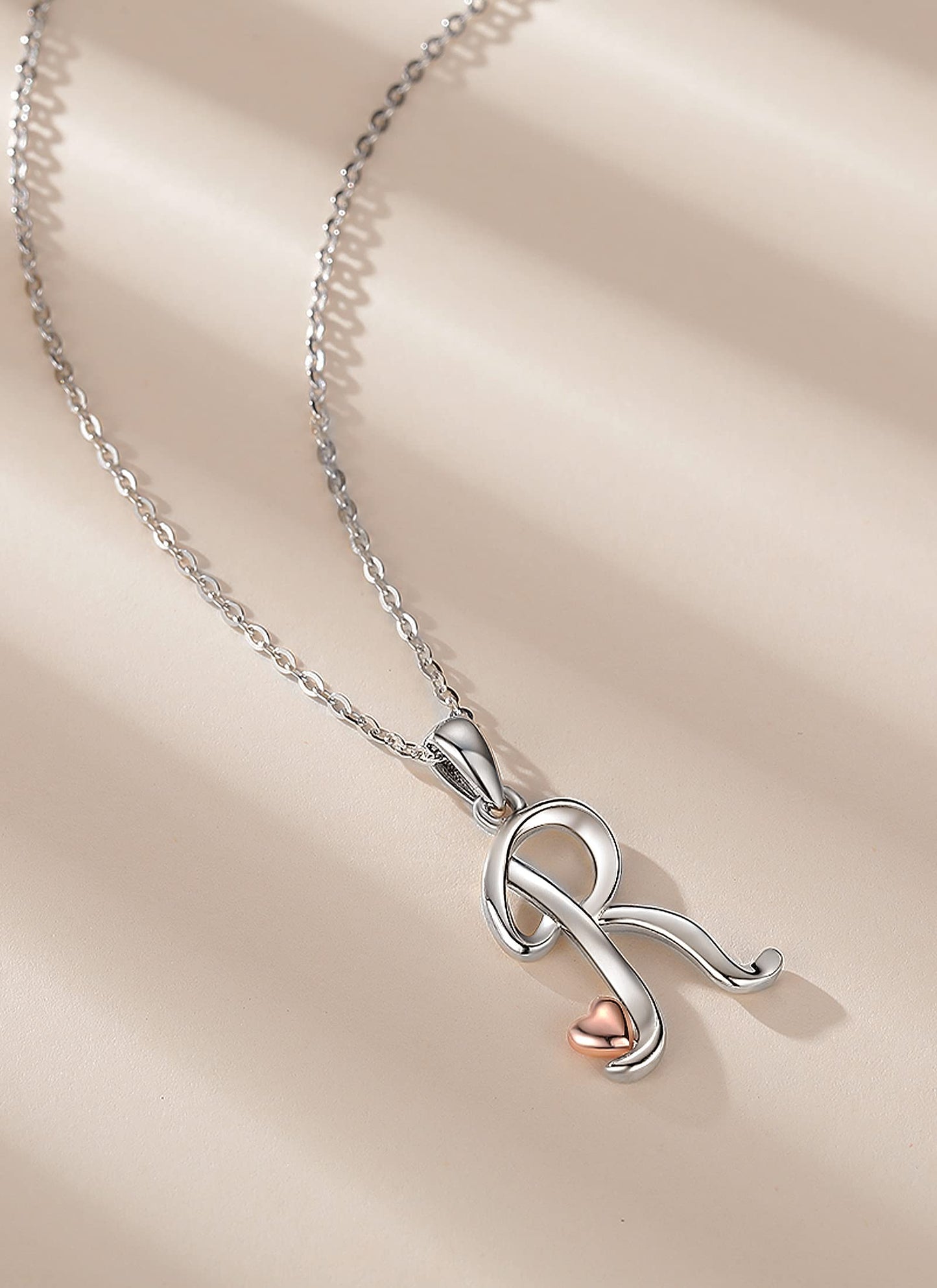 CELESTIA Sterling Silver Initial Necklaces 26 Letter Pendant with Rose Gold Heart - 18 Inch Chain