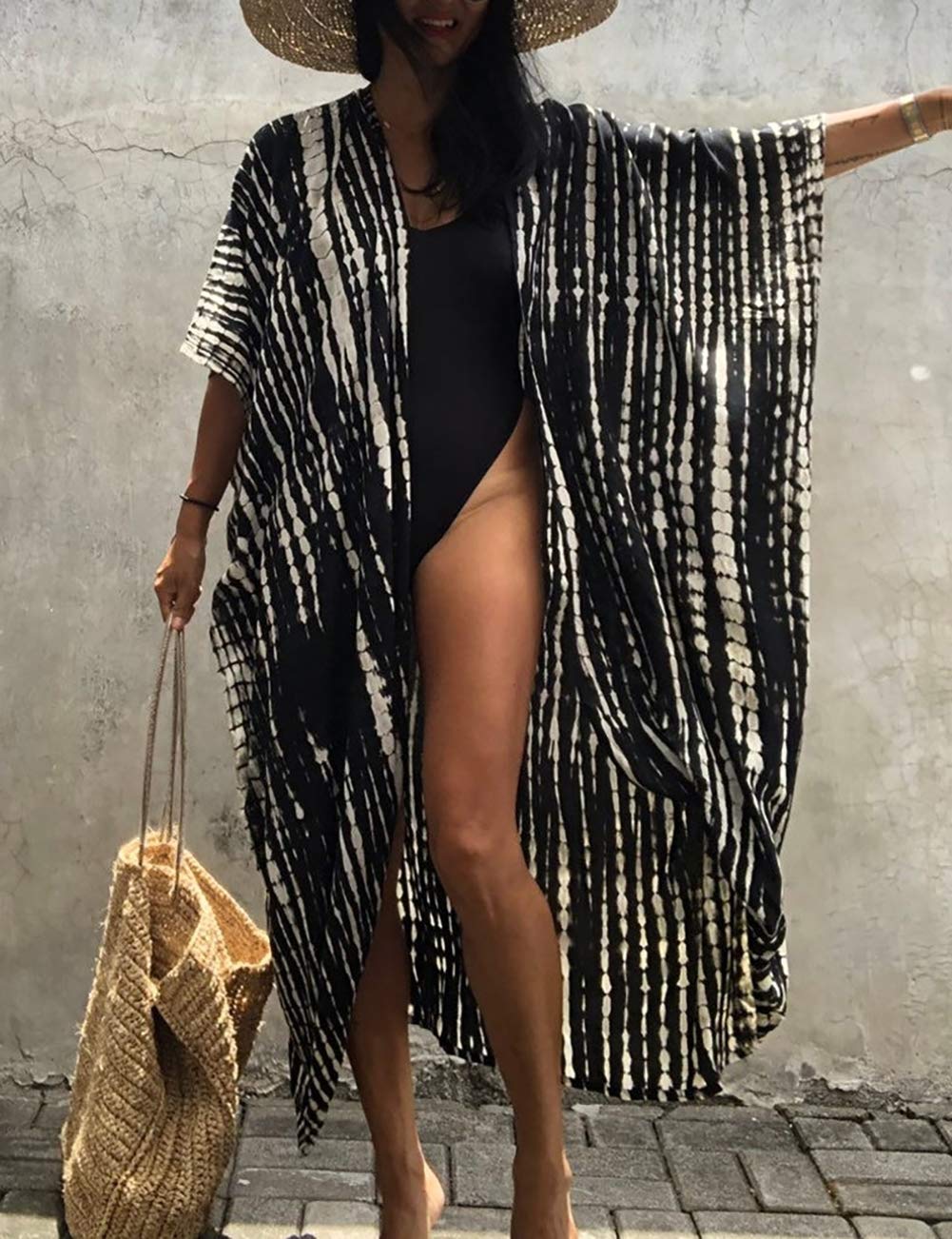 Bsubseach Stylish Tie Dye Open Front Long Kimono Swimsuit Cover up for Women