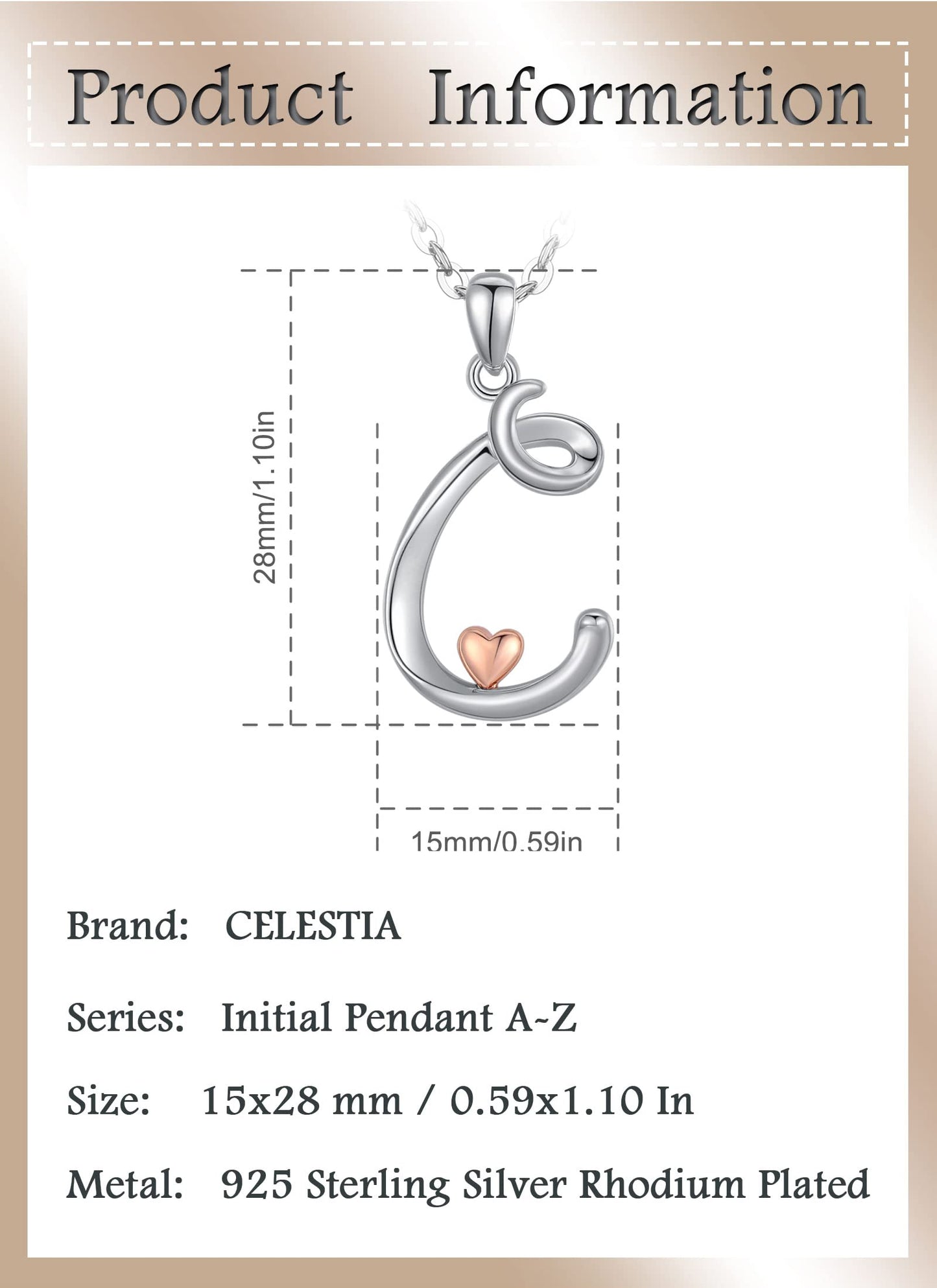 CELESTIA Sterling Silver Initial Necklaces 26 Letter Pendant with Rose Gold Heart - 18 Inch Chain