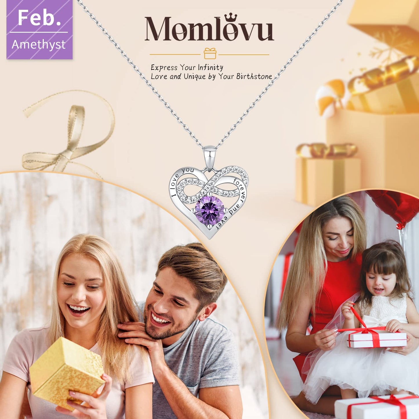 Momlovu Birthstone Necklaces for Women - Infinity Heart necklaces 925 Sterling Silver with 2 Carat (8MM) CZ Diamond, Mothers Day Christmas Birthday Wedding Jewelry Gifts for Women Wife Girls Her