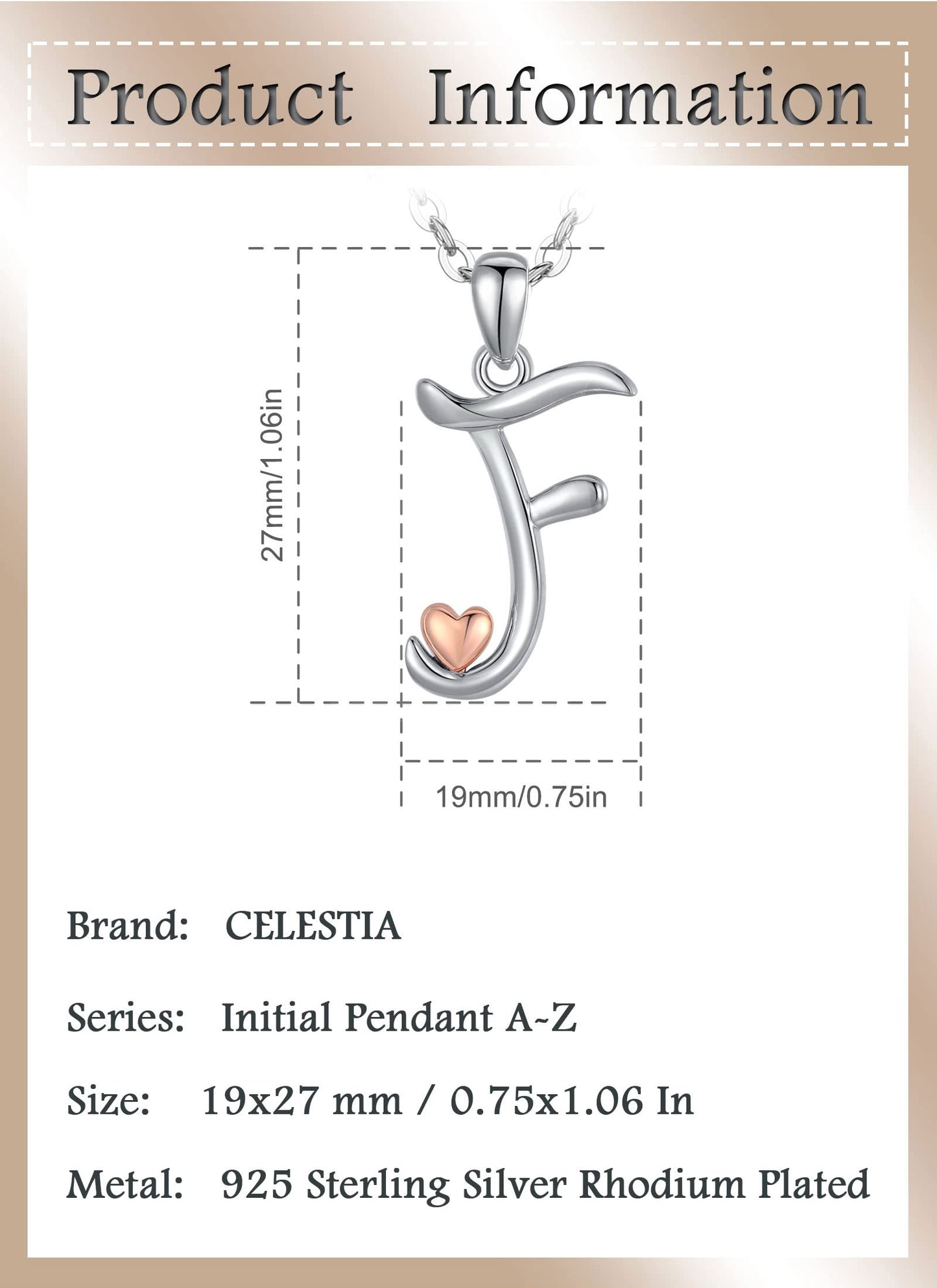 CELESTIA Sterling Silver Initial Necklaces 26 Letter Pendant with Rose Gold Heart - 18 Inch Chain