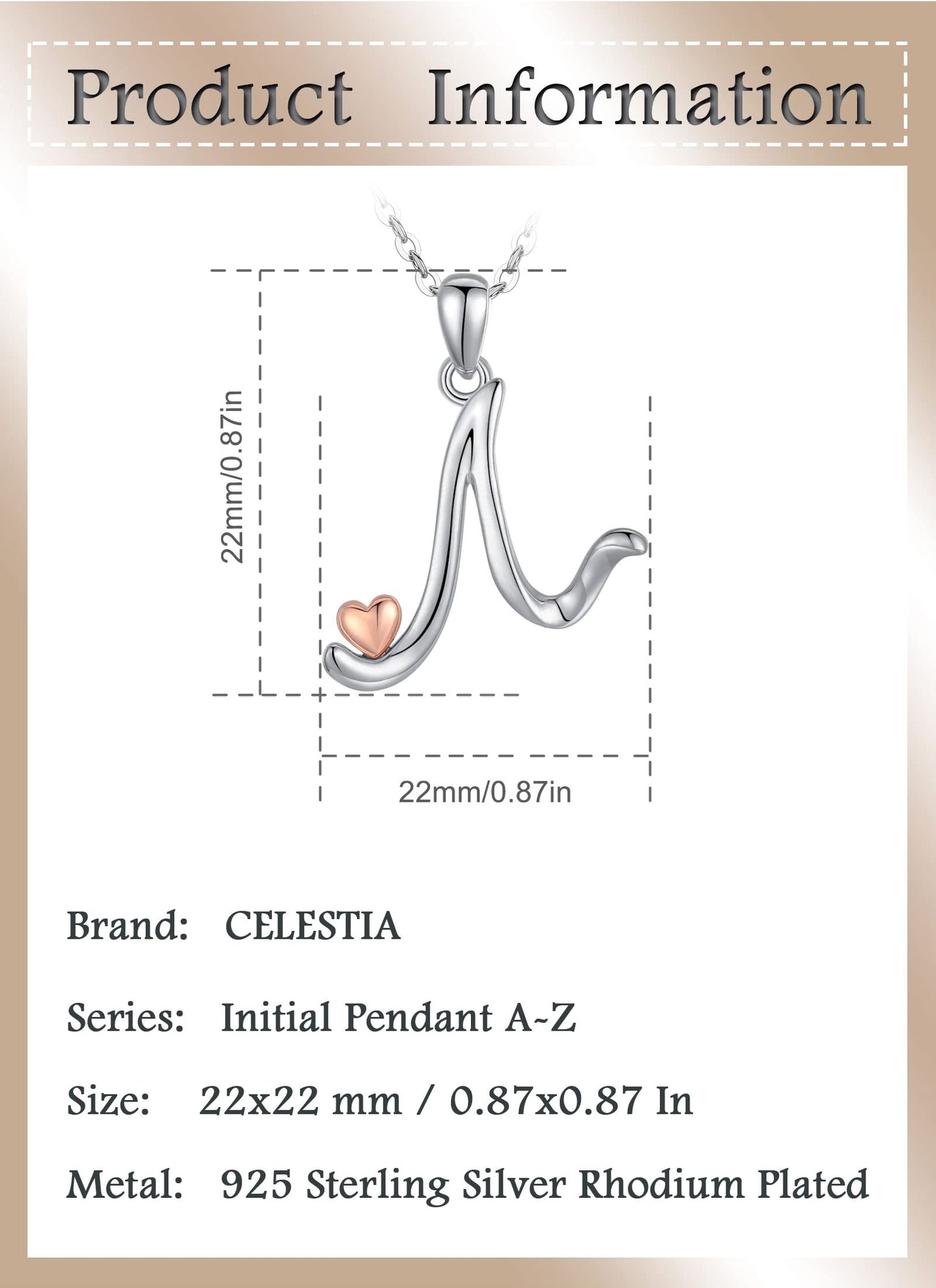 CELESTIA Sterling Silver Initial Necklaces 26 Letter Pendant with Rose Gold Heart - 18 Inch Chain