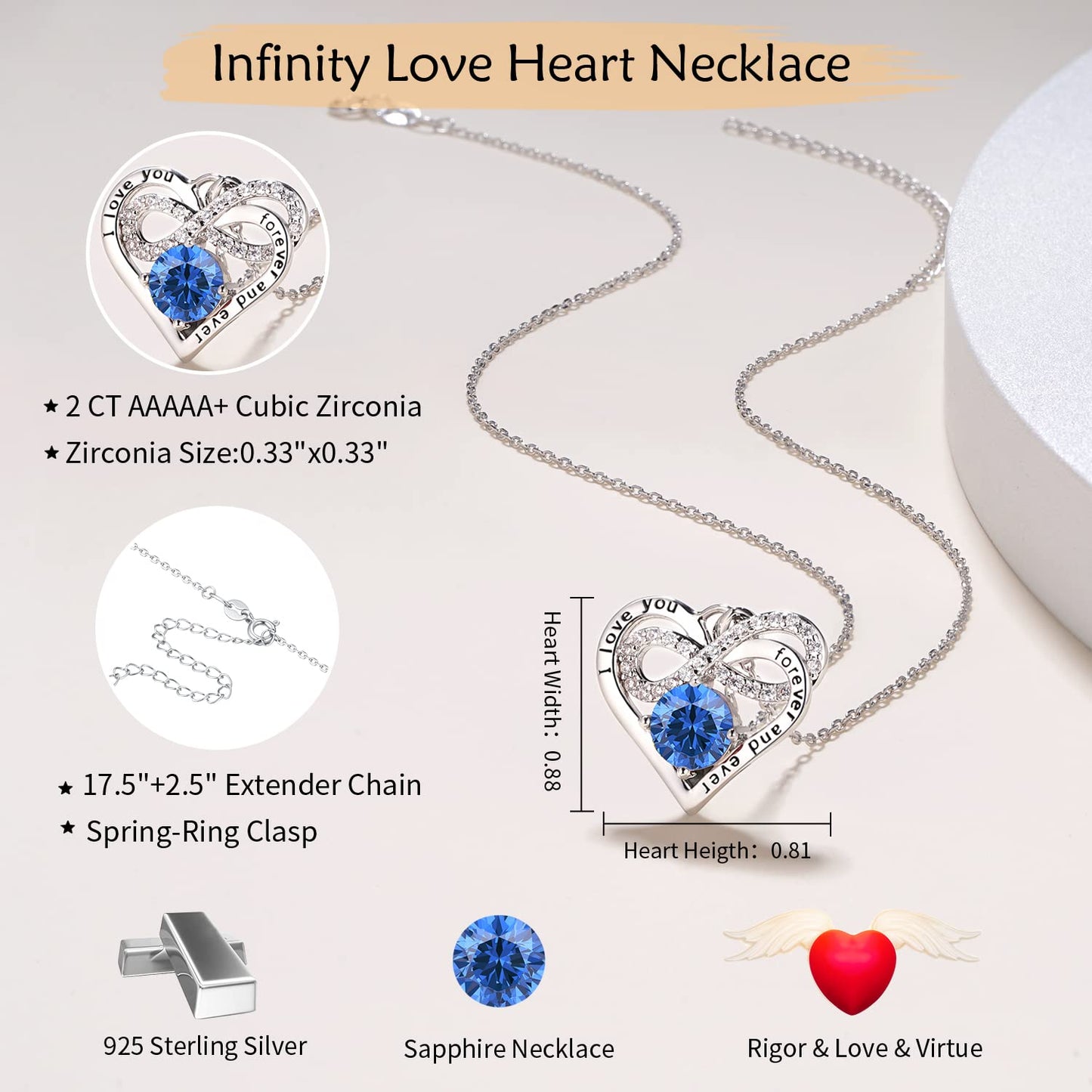 Momlovu Birthstone Necklaces for Women - Infinity Heart necklaces 925 Sterling Silver with 2 Carat (8MM) CZ Diamond, Mothers Day Christmas Birthday Wedding Jewelry Gifts for Women Wife Girls Her