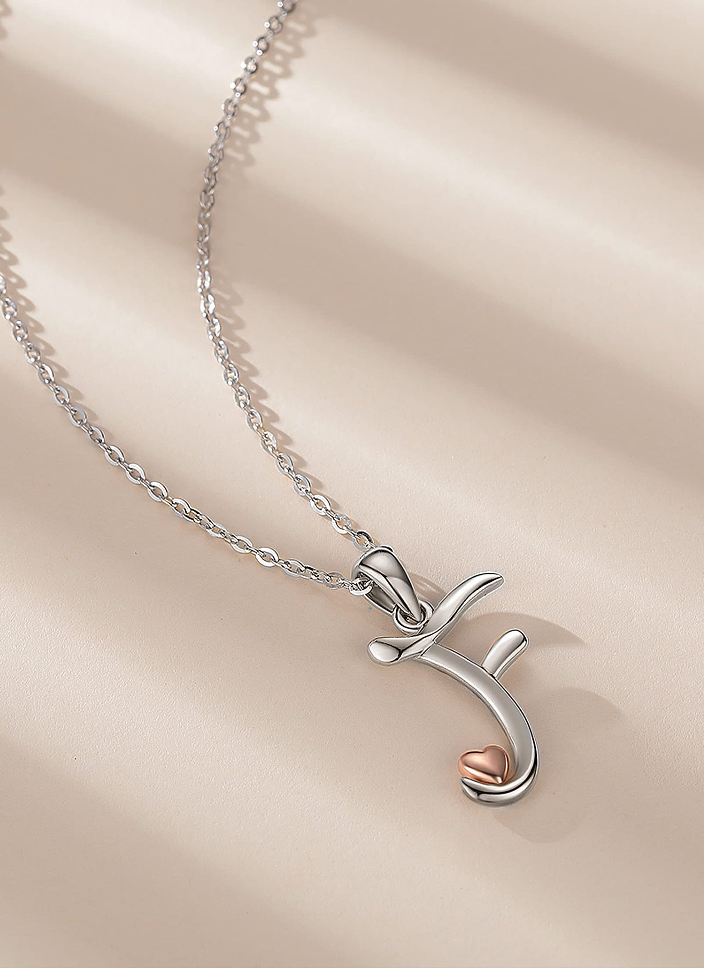 CELESTIA Sterling Silver Initial Necklaces 26 Letter Pendant with Rose Gold Heart - 18 Inch Chain