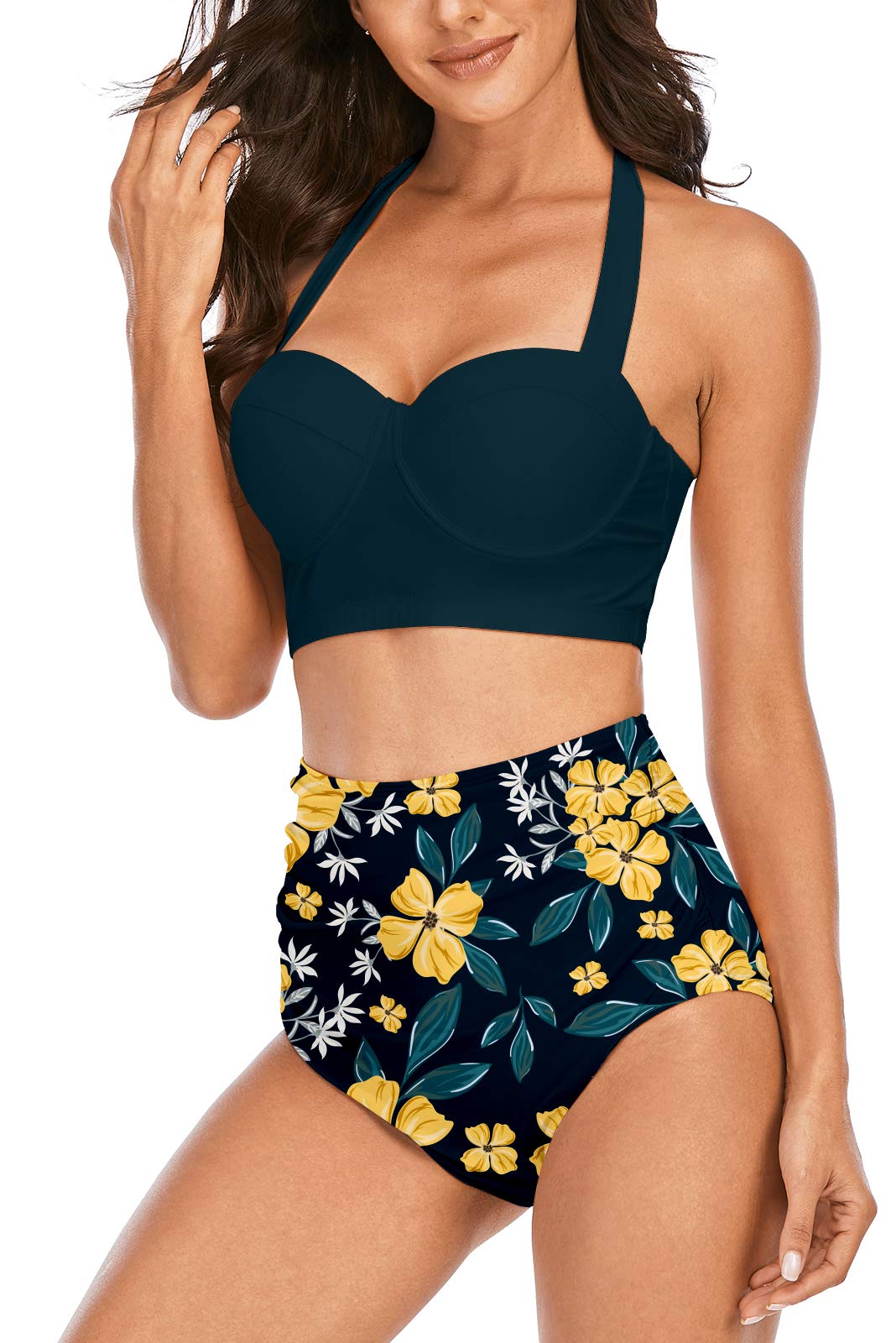 KISSMODA Womens Floral Printed High Waisted Bikini Set Tummy Control Bathing Suit Swimsuit