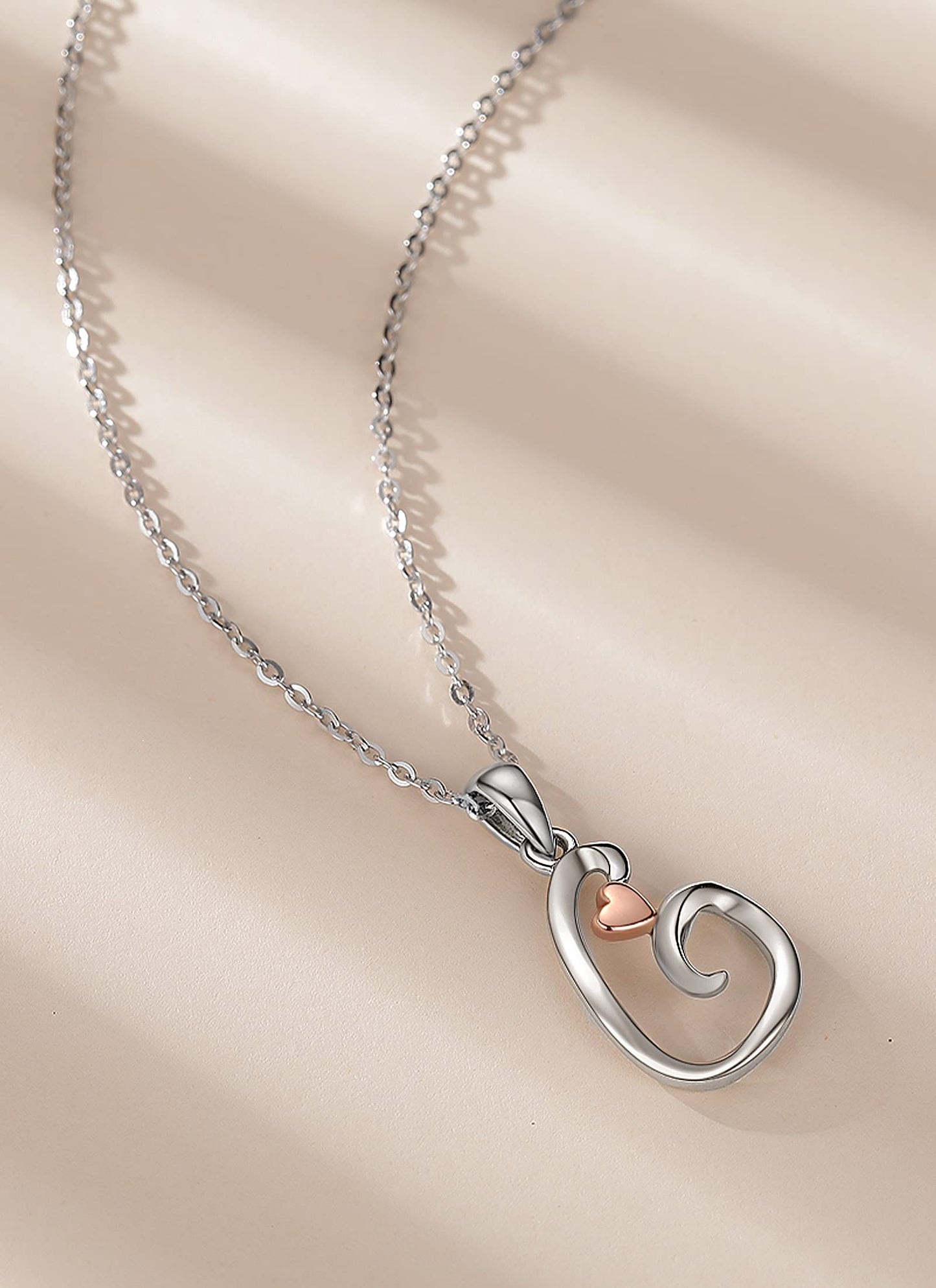 CELESTIA Sterling Silver Initial Necklaces 26 Letter Pendant with Rose Gold Heart - 18 Inch Chain