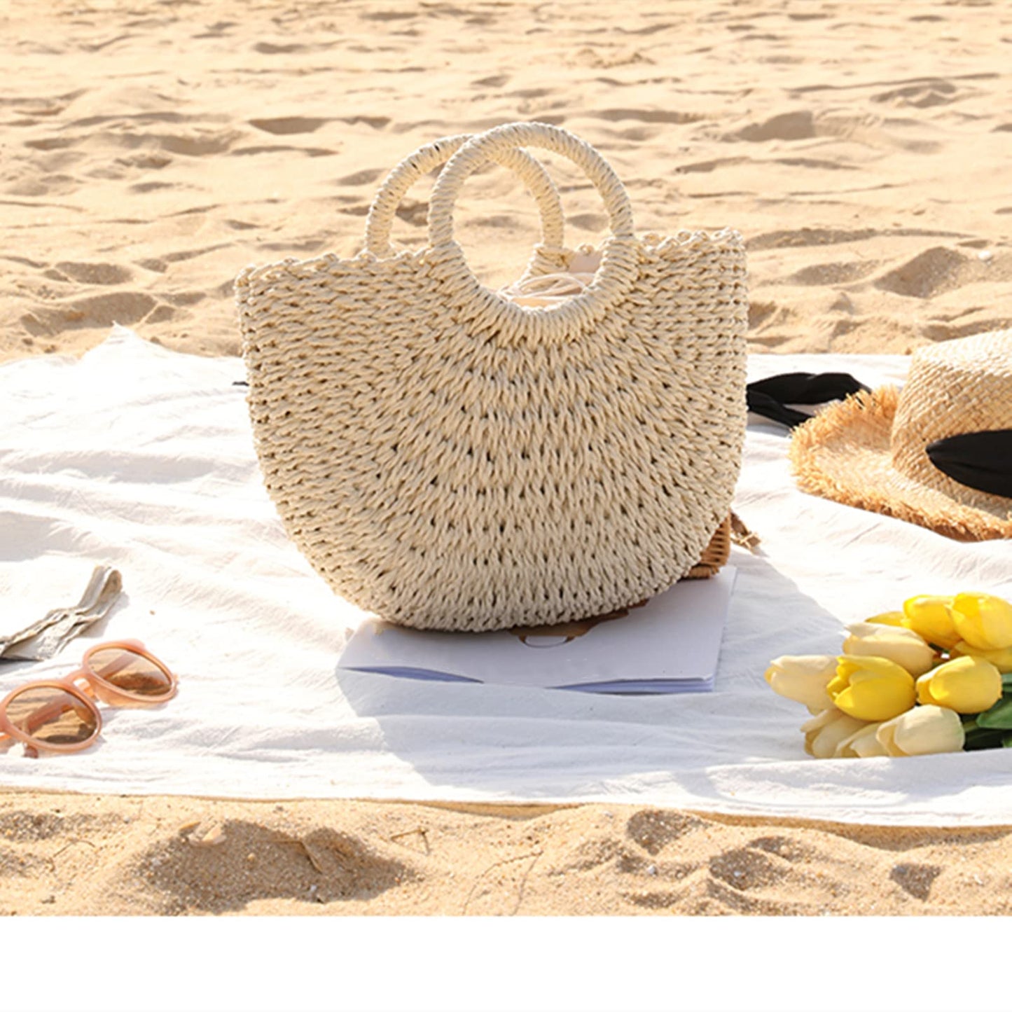 JOLLQUE Straw Beach Bag for Women, Summer Handwoven Tote Bags Purse with Tassel,Top Handle Straw Handbag Clutch