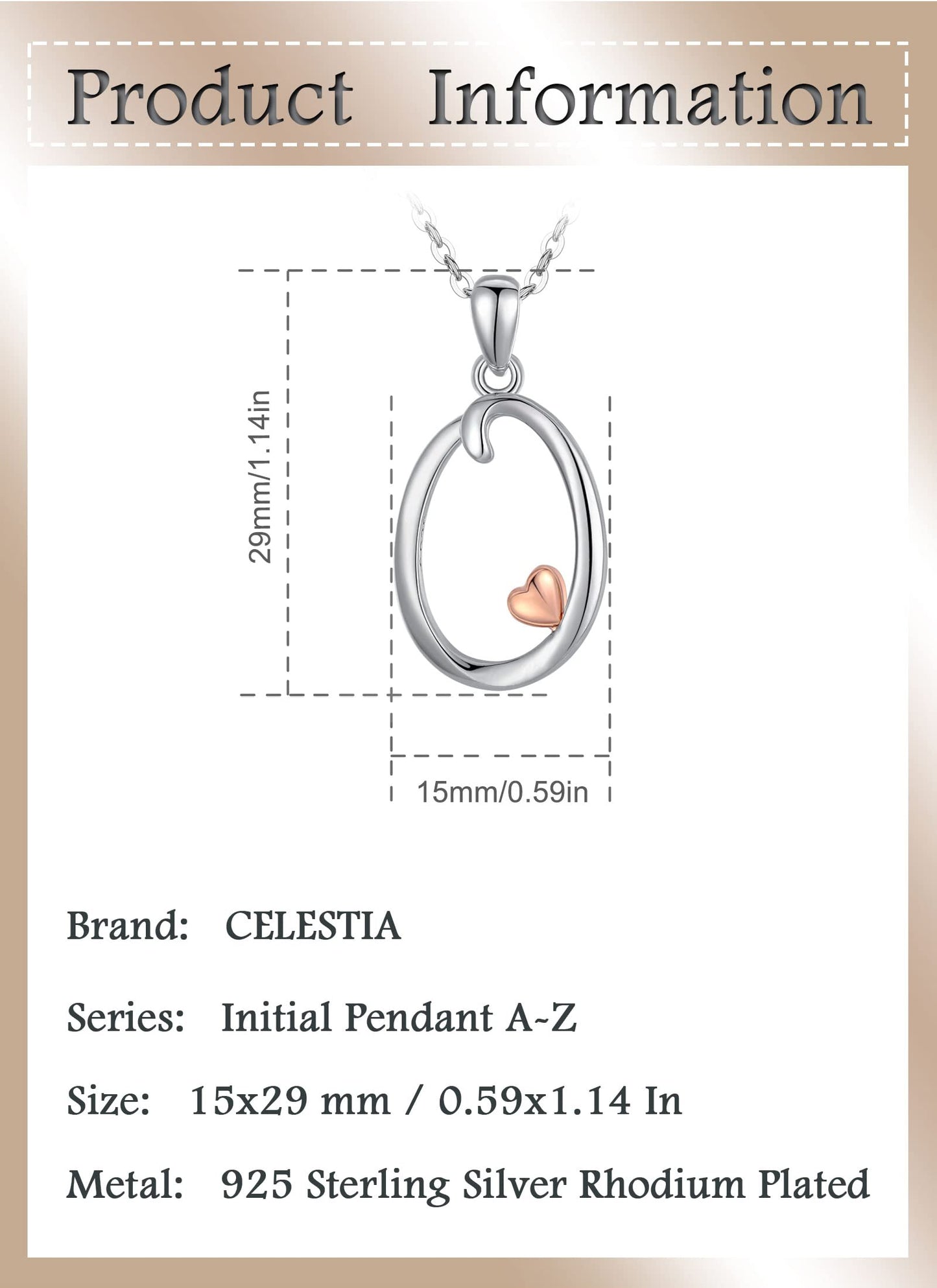 CELESTIA Sterling Silver Initial Necklaces 26 Letter Pendant with Rose Gold Heart - 18 Inch Chain