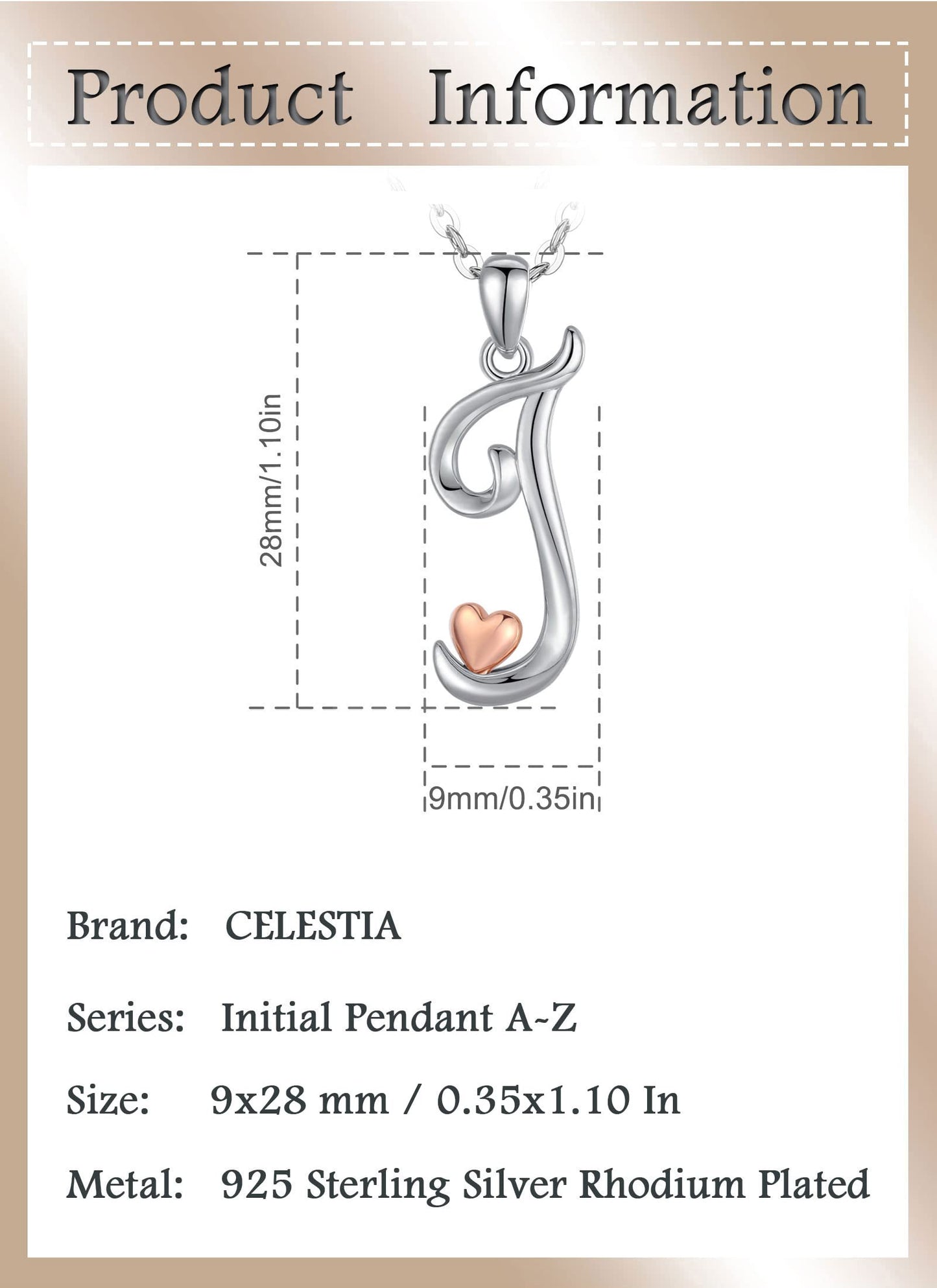 CELESTIA Sterling Silver Initial Necklaces 26 Letter Pendant with Rose Gold Heart - 18 Inch Chain