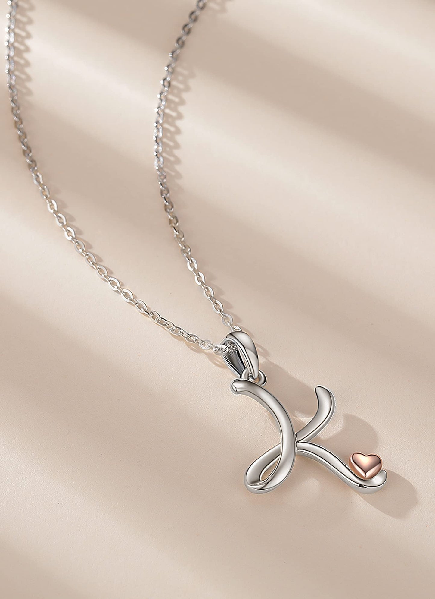 CELESTIA Sterling Silver Initial Necklaces 26 Letter Pendant with Rose Gold Heart - 18 Inch Chain