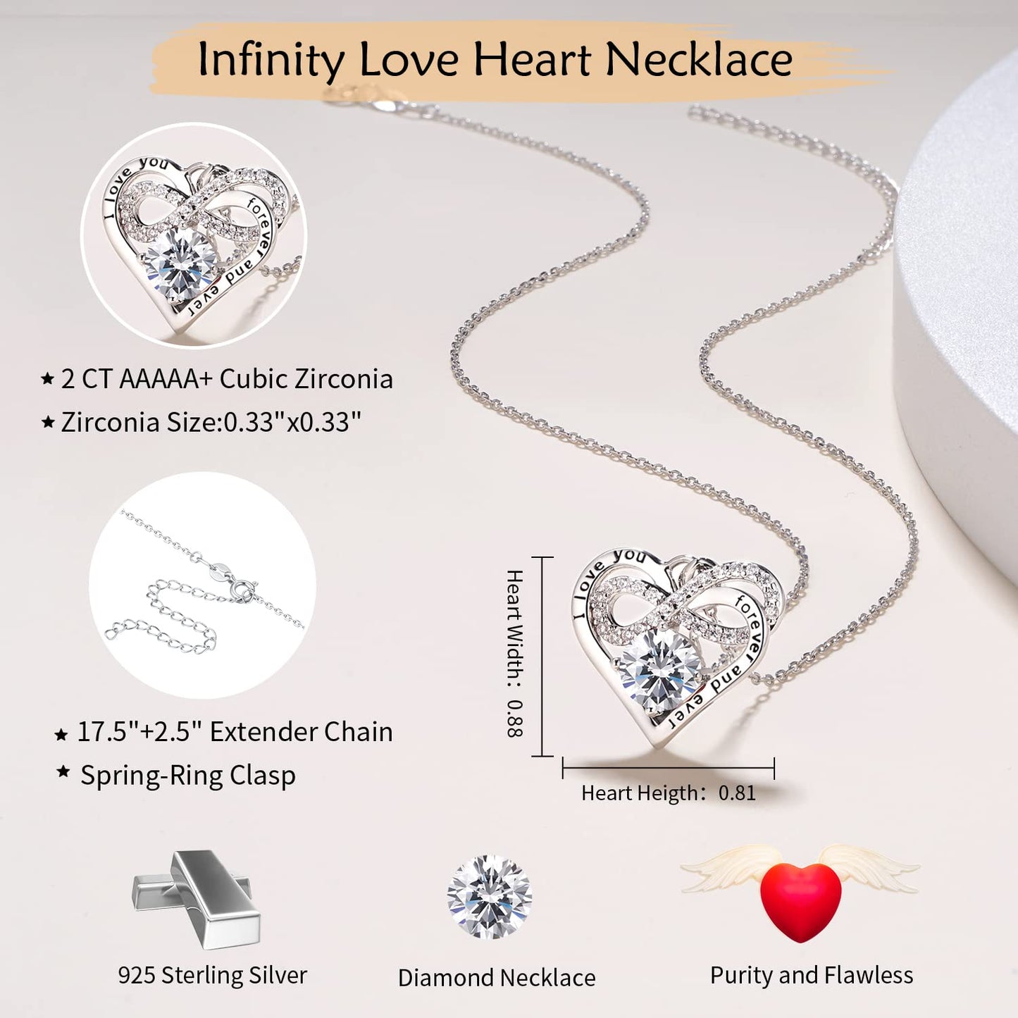 Momlovu Birthstone Necklaces for Women - Infinity Heart necklaces 925 Sterling Silver with 2 Carat (8MM) CZ Diamond, Mothers Day Christmas Birthday Wedding Jewelry Gifts for Women Wife Girls Her