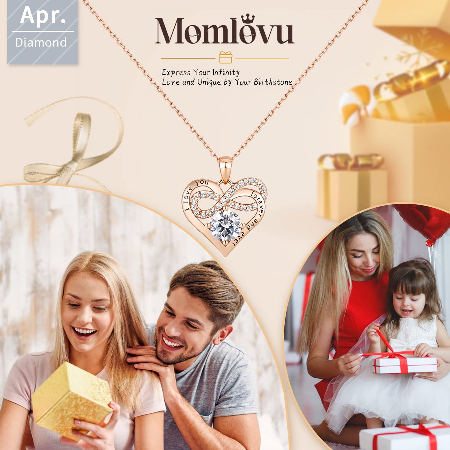 Momlovu Birthstone Necklaces for Women - Infinity Heart necklaces 925 Sterling Silver with 2 Carat (8MM) CZ Diamond, Mothers Day Christmas Birthday Wedding Jewelry Gifts for Women Wife Girls Her