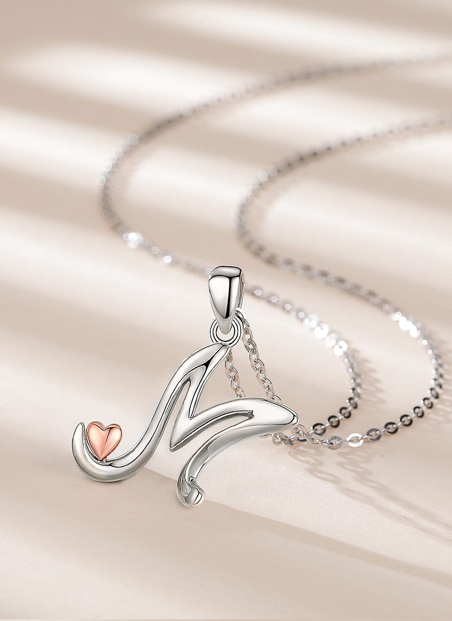 CELESTIA Sterling Silver Initial Necklaces 26 Letter Pendant with Rose Gold Heart - 18 Inch Chain