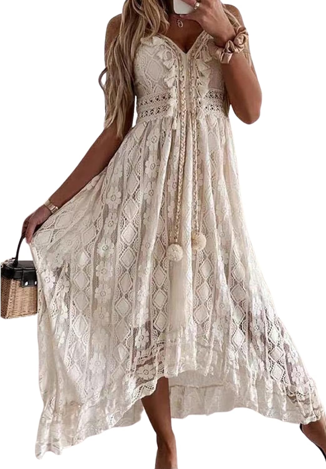 CUPSHE Women's Summer Slip Boho Maxi Dress Lace Up Tassel V-Neck Flare Ruffle Beach Dresses White