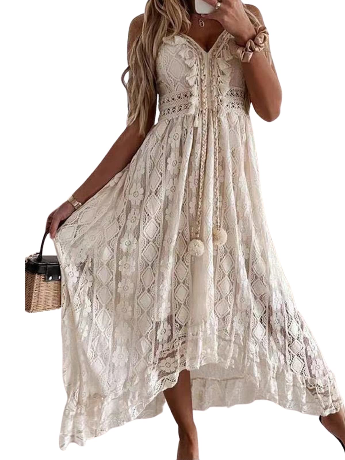 CUPSHE Women's Summer Slip Boho Maxi Dress Lace Up Tassel V-Neck Flare Ruffle Beach Dresses White