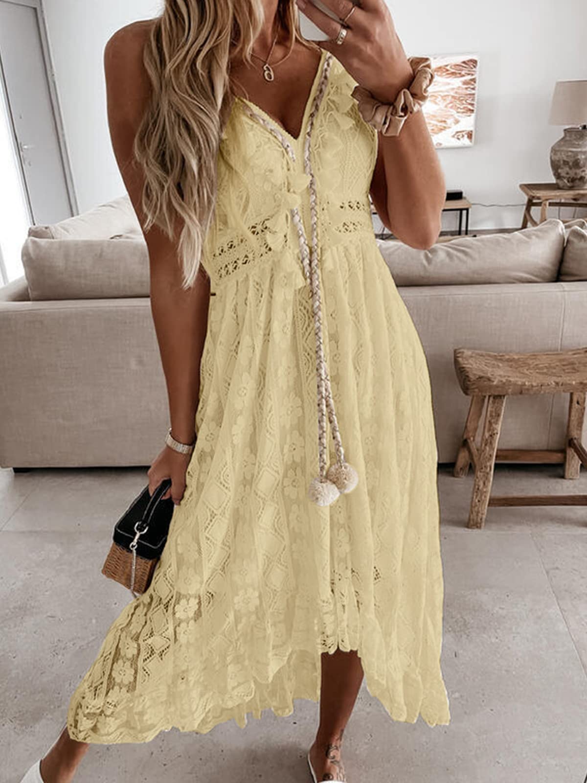 CUPSHE Women's Summer Slip Boho Maxi Dress Lace Up Tassel V-Neck Flare Ruffle Beach Dresses White