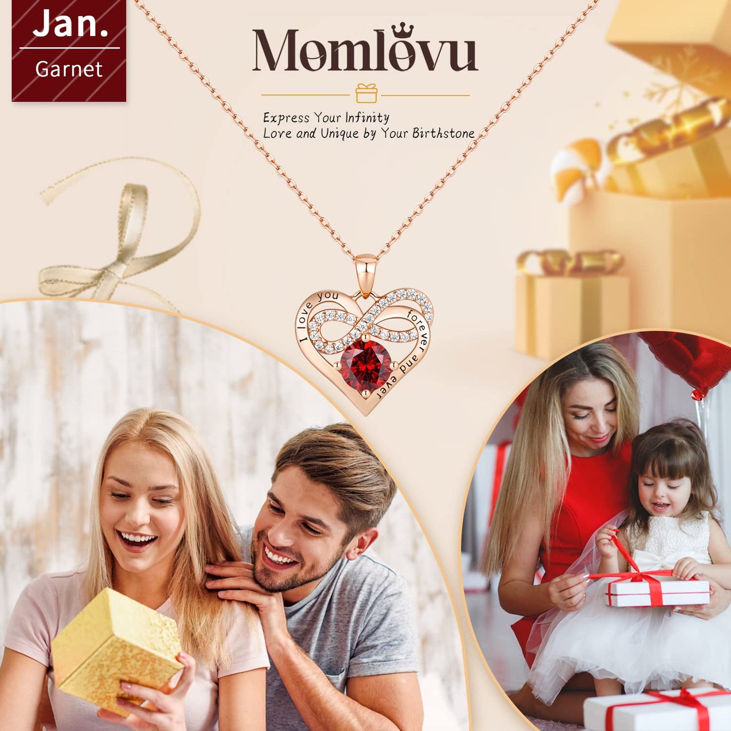 Momlovu Birthstone Necklaces for Women - Infinity Heart necklaces 925 Sterling Silver with 2 Carat (8MM) CZ Diamond, Mothers Day Christmas Birthday Wedding Jewelry Gifts for Women Wife Girls Her