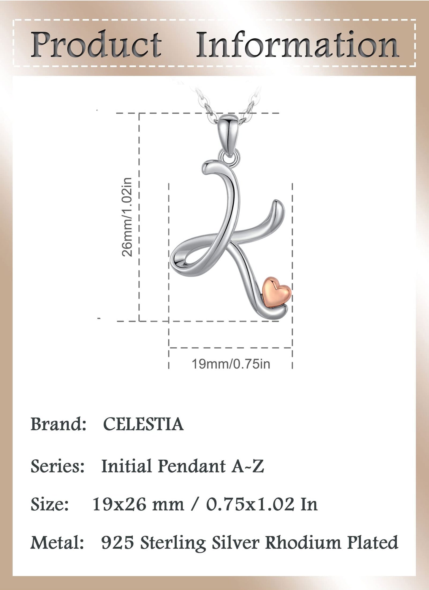 CELESTIA Sterling Silver Initial Necklaces 26 Letter Pendant with Rose Gold Heart - 18 Inch Chain