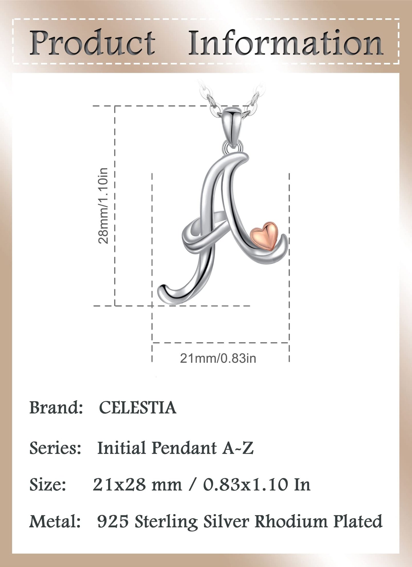 CELESTIA Sterling Silver Initial Necklaces 26 Letter Pendant with Rose Gold Heart - 18 Inch Chain