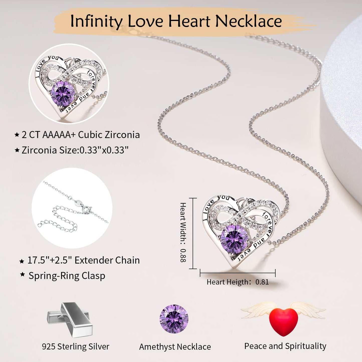 Momlovu Birthstone Necklaces for Women - Infinity Heart necklaces 925 Sterling Silver with 2 Carat (8MM) CZ Diamond, Mothers Day Christmas Birthday Wedding Jewelry Gifts for Women Wife Girls Her