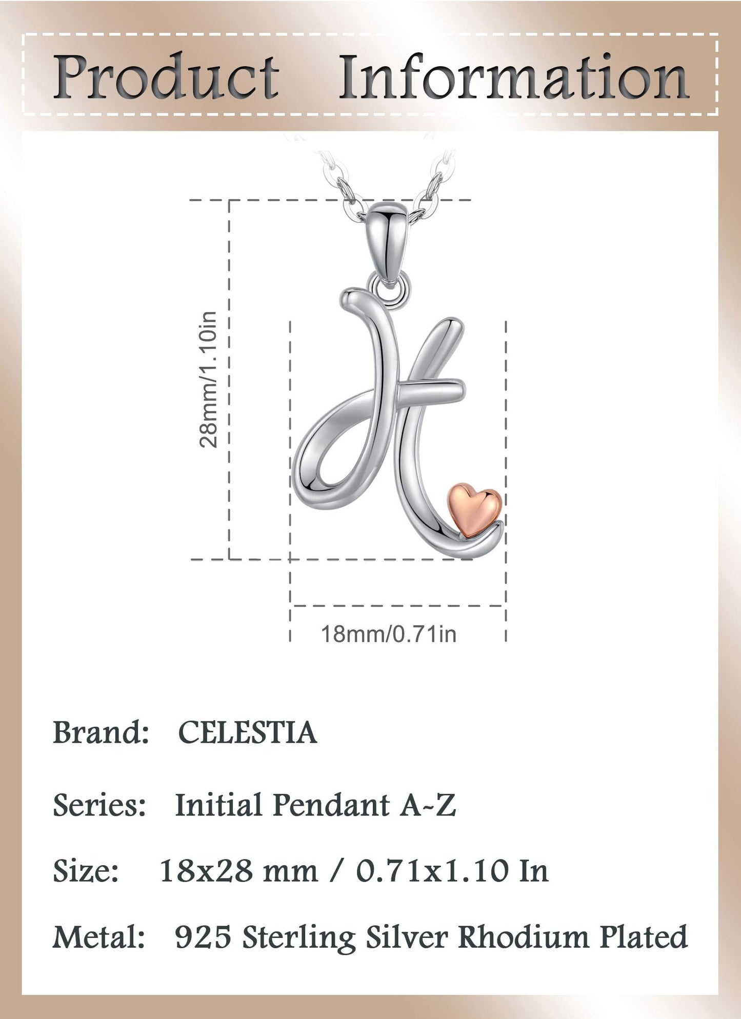 CELESTIA Sterling Silver Initial Necklaces 26 Letter Pendant with Rose Gold Heart - 18 Inch Chain