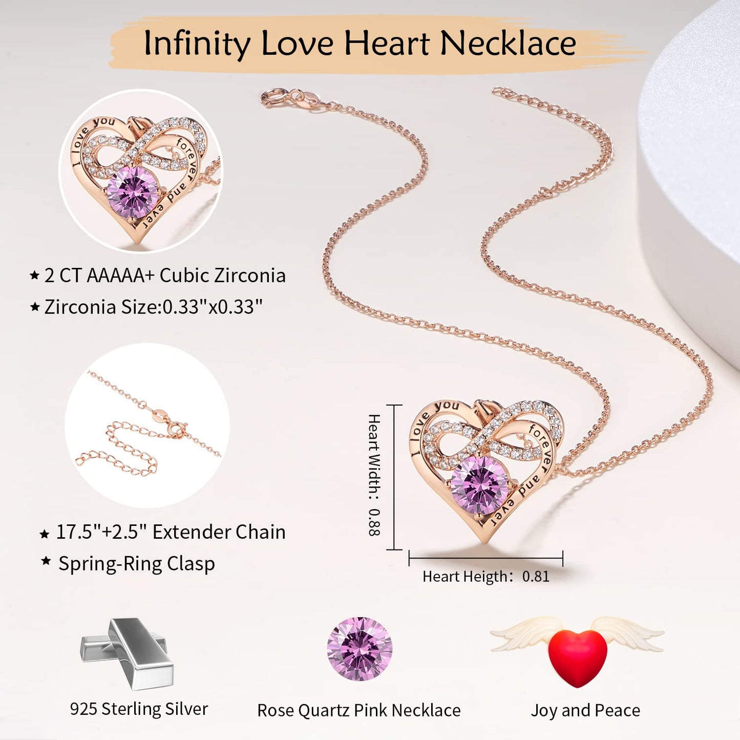 Momlovu Birthstone Necklaces for Women - Infinity Heart necklaces 925 Sterling Silver with 2 Carat (8MM) CZ Diamond, Mothers Day Christmas Birthday Wedding Jewelry Gifts for Women Wife Girls Her