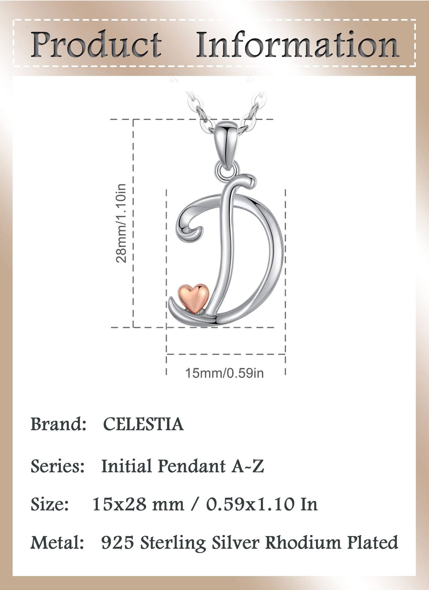 CELESTIA Sterling Silver Initial Necklaces 26 Letter Pendant with Rose Gold Heart - 18 Inch Chain