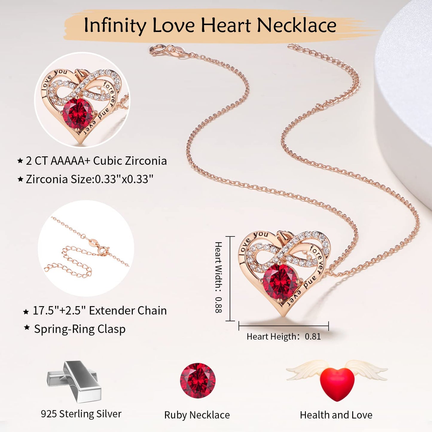 Momlovu Birthstone Necklaces for Women - Infinity Heart necklaces 925 Sterling Silver with 2 Carat (8MM) CZ Diamond, Mothers Day Christmas Birthday Wedding Jewelry Gifts for Women Wife Girls Her